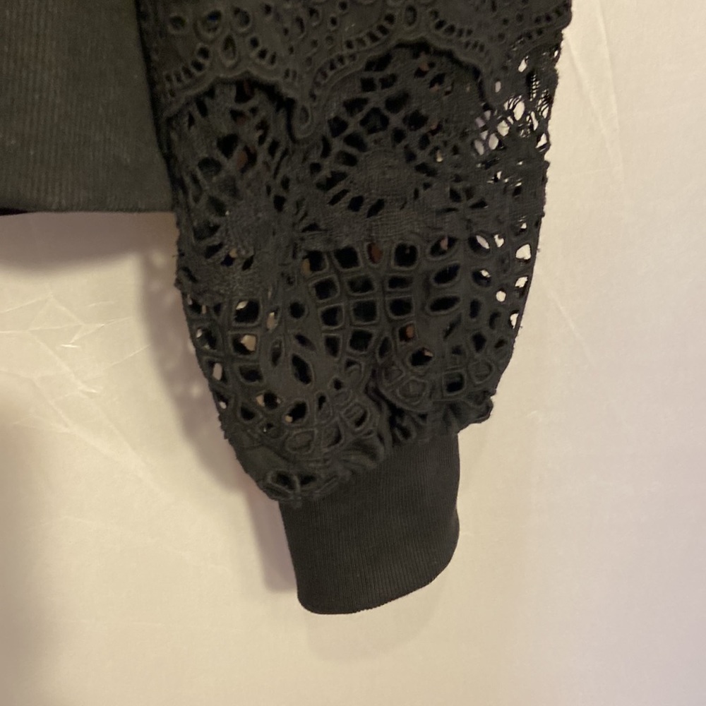 SEA Patrizia Lace Combo Sweatshirt Top Black Cropped Puff Sleeve - Picture 5 of 8